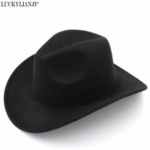 LUCKYLIANJI Wool Felt Fedora Cowgirl Cowboy Hat Solid Color Western Bull Jazz Sun Chapeau Caps For Men Women (Size:57cm Adjust)