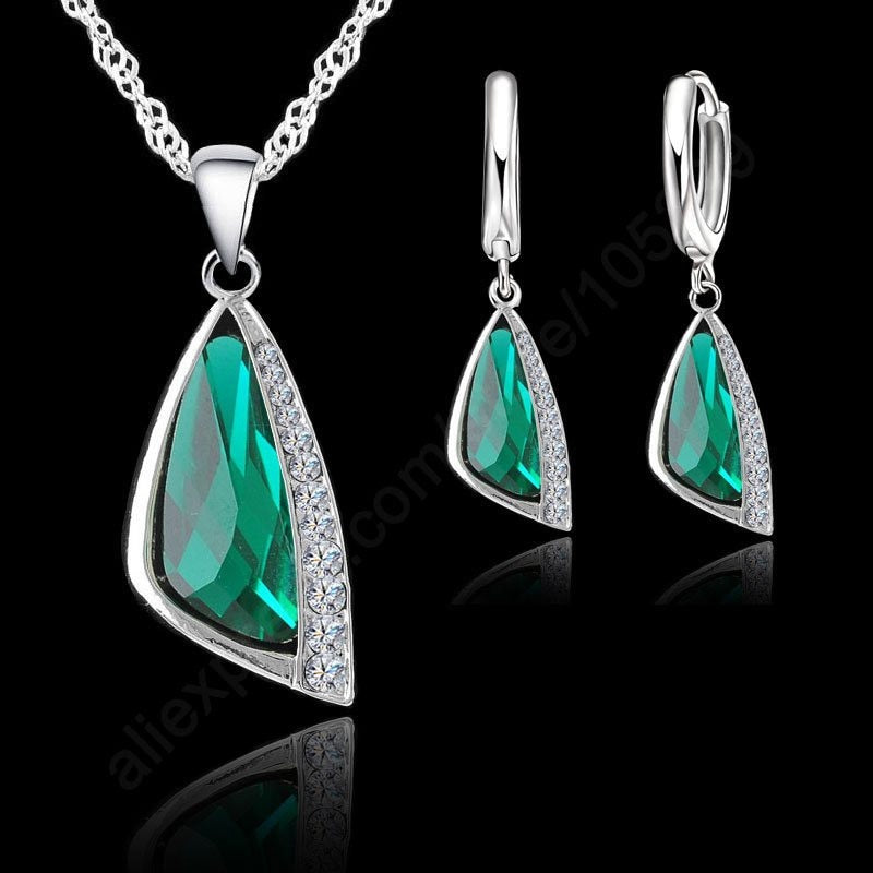 Hot Sale Fashion Jewelry Sets For Women Weddings 925 Serling Silver Green Cubic Zirconia Necklace pendant Earrings Sets