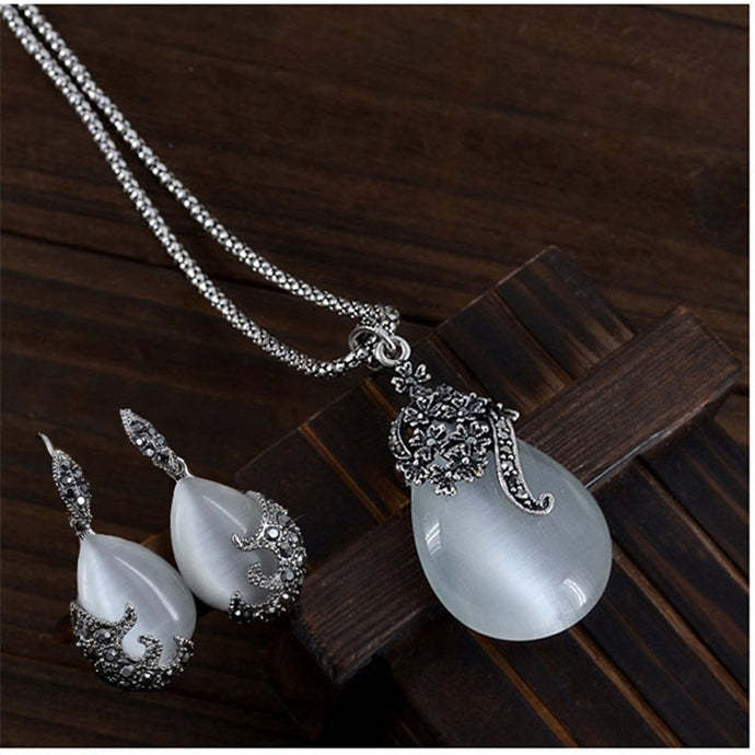 Water Drop Pendant Necklaces Earrings Set  Silver Wedding Engagement Jewelry Sets for Women