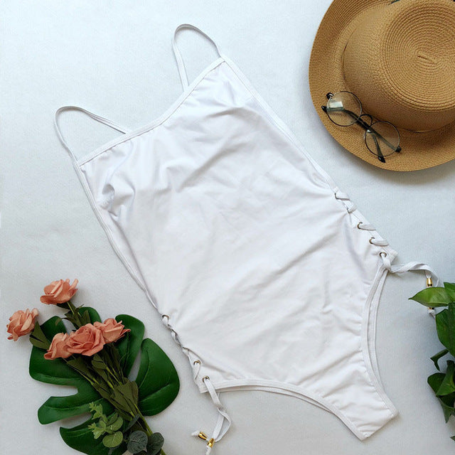 Halter One Piece Backless White Brazilian Monokini