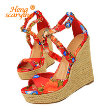 Load image into Gallery viewer, Women Summer 13cm High Heels Wedges Platform Silk Sandals Fetish Luxury Design Pumps Female Satin Strap Heels 2020 Summer Shoes