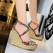 Load image into Gallery viewer, Women Summer 13cm High Heels Wedges Platform Silk Sandals Fetish Luxury Design Pumps Female Satin Strap Heels 2020 Summer Shoes