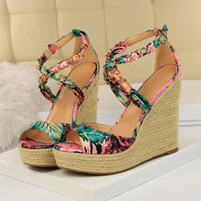 Load image into Gallery viewer, Women Summer 13cm High Heels Wedges Platform Silk Sandals Fetish Luxury Design Pumps Female Satin Strap Heels 2020 Summer Shoes