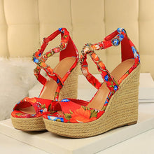 Load image into Gallery viewer, Women Summer 13cm High Heels Wedges Platform Silk Sandals Fetish Luxury Design Pumps Female Satin Strap Heels 2020 Summer Shoes