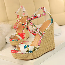 Load image into Gallery viewer, Women Summer 13cm High Heels Wedges Platform Silk Sandals Fetish Luxury Design Pumps Female Satin Strap Heels 2020 Summer Shoes