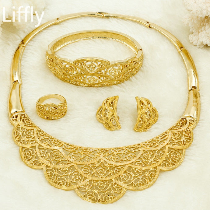 African Dubai Gold Jewelry Sets Women Charm Necklace Earrings Wedding Nigerian Bridal Jewelry Set
