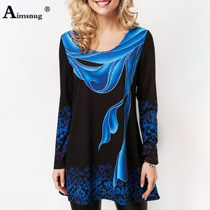 Print Blue Tops Long Sleeve Elasticity Female T-Shirt Casual Loose Ladies Tee Shirt