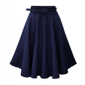 Casual High Waist Jeans Blue Skirt For Summer Slim A-line Loose Cotton Skirt Women Knee-length Pleated Skirt With Belt