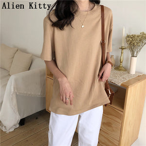 Alien Kitty 2019 New Soft Free Loose Hot Sale Solid Fresh Summer New T-shirt Women Fashion Natural Short Basic Shirt 4 Colors