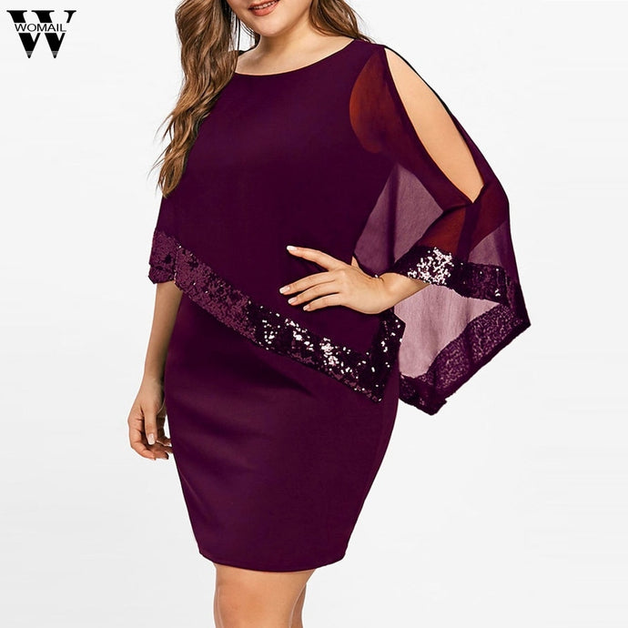 Womail dress Summer Women Plus Size Cold Shoulder Overlay Asymmetric Chiffon Strapless Sequins Dress S-5XL 2019 dropship M14
