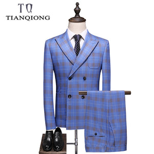 Double Breasted Plaid Suit for Men Light Blue Mens Suits Designers 2019 Terno Slim Fit Masculino Groom Wedding Suit Man