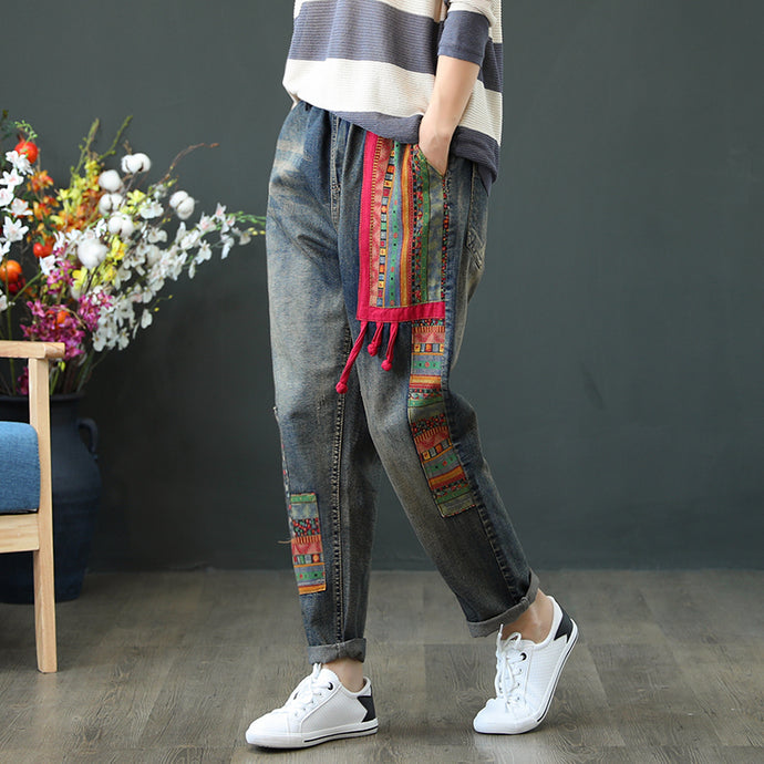 Vintage Casual Loose High Waist Patchwork Denim Women Jeans