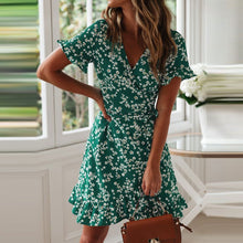 Load image into Gallery viewer, Women V Neck Floral Print Ruffle Short Sleeve Wrap Robe Mini Dress