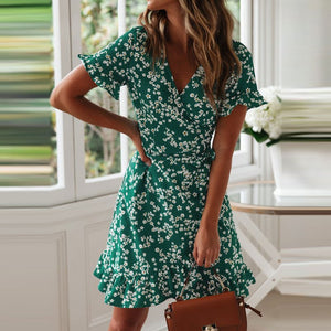 Women V Neck Floral Print Ruffle Short Sleeve Wrap Robe Mini Dress