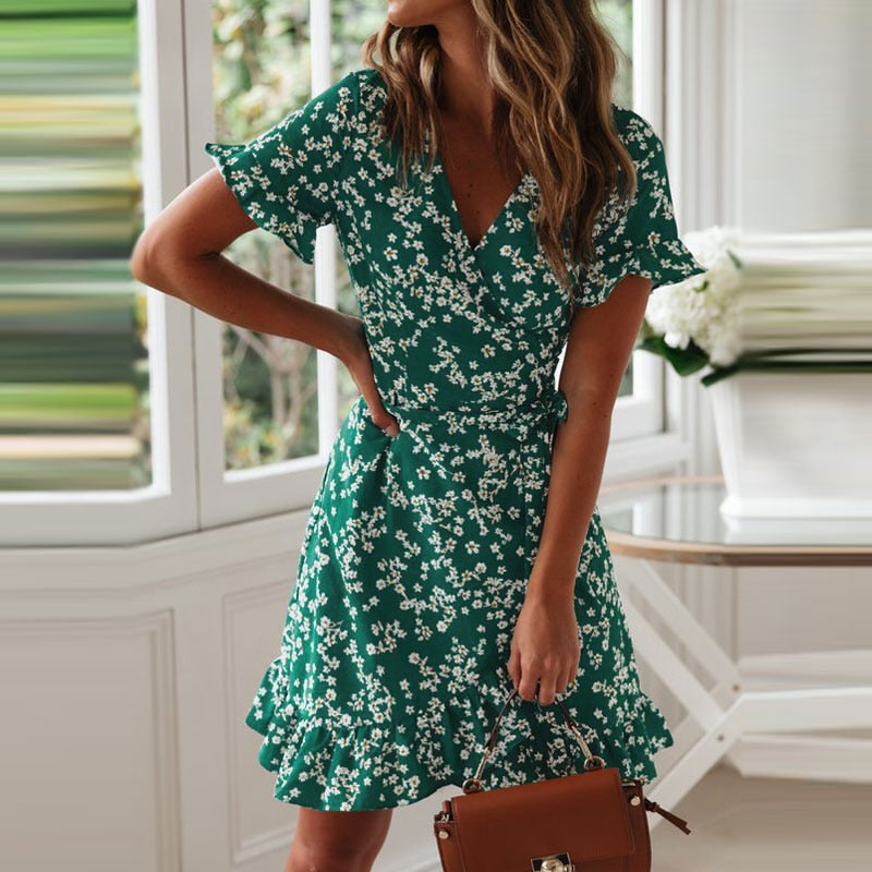 Women V Neck Floral Print Ruffle Short Sleeve Wrap Robe Mini Dress