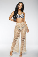 Load image into Gallery viewer, Flare Pants Solid Knitted Hollow Out Fishnet Wide Leg High Waist Lace Up Sashes Beach Wear