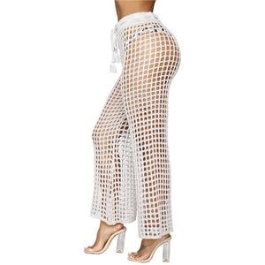 Flare Pants Solid Knitted Hollow Out Fishnet Wide Leg High Waist Lace Up Sashes Beach Wear