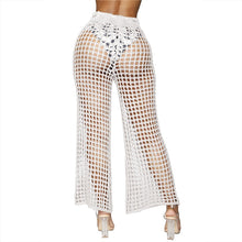 Load image into Gallery viewer, Flare Pants Solid Knitted Hollow Out Fishnet Wide Leg High Waist Lace Up Sashes Beach Wear