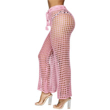 Load image into Gallery viewer, Flare Pants Solid Knitted Hollow Out Fishnet Wide Leg High Waist Lace Up Sashes Beach Wear