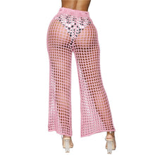 Load image into Gallery viewer, Flare Pants Solid Knitted Hollow Out Fishnet Wide Leg High Waist Lace Up Sashes Beach Wear