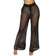 Load image into Gallery viewer, Flare Pants Solid Knitted Hollow Out Fishnet Wide Leg High Waist Lace Up Sashes Beach Wear