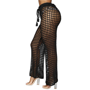 Flare Pants Solid Knitted Hollow Out Fishnet Wide Leg High Waist Lace Up Sashes Beach Wear