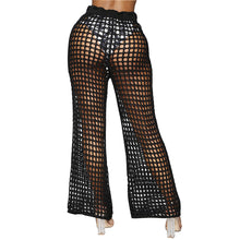 Load image into Gallery viewer, Flare Pants Solid Knitted Hollow Out Fishnet Wide Leg High Waist Lace Up Sashes Beach Wear