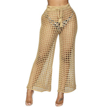 Load image into Gallery viewer, Flare Pants Solid Knitted Hollow Out Fishnet Wide Leg High Waist Lace Up Sashes Beach Wear