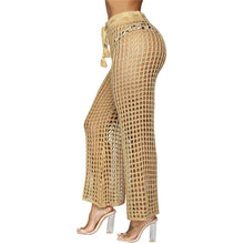 Load image into Gallery viewer, Flare Pants Solid Knitted Hollow Out Fishnet Wide Leg High Waist Lace Up Sashes Beach Wear