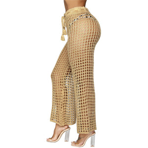 Flare Pants Solid Knitted Hollow Out Fishnet Wide Leg High Waist Lace Up Sashes Beach Wear