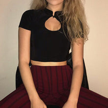 Load image into Gallery viewer, Dark System vintage Fashion Women Sexy Solid Turtleneck Short Sleeve Button Hollow Out Crop Top Tee shirt women camisetas mujer