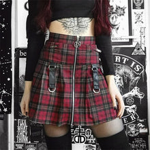 Load image into Gallery viewer, InstaHot Halloween Gothic A Line Skirts Women Autumn Zipper Pleated Plaid School  Mini Skirt Strap Sexy Solid Suspender Bottom