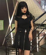 Load image into Gallery viewer, InstaHot Halloween Gothic A Line Skirts Women Autumn Zipper Pleated Plaid School  Mini Skirt Strap Sexy Solid Suspender Bottom