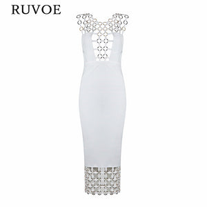 New Summer Sexy Women Bandage Dress White Black Metal Hollow Out O-Neck Knee-Length Elegant Lady Evening Party Dresses B-17