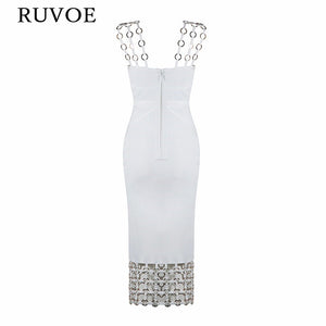 New Summer Sexy Women Bandage Dress White Black Metal Hollow Out O-Neck Knee-Length Elegant Lady Evening Party Dresses B-17