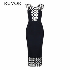 New Summer Sexy Women Bandage Dress White Black Metal Hollow Out O-Neck Knee-Length Elegant Lady Evening Party Dresses B-17