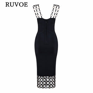 New Summer Sexy Women Bandage Dress White Black Metal Hollow Out O-Neck Knee-Length Elegant Lady Evening Party Dresses B-17