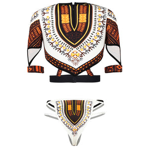 African Short Sleeve Dashiki Print Thong Swimwear Set