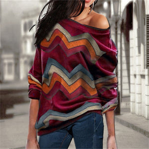 Women Blouses Off Shoulder Tops Striped Print Pullover Jumpers Casual Knitted Tops Long Sleeve Blouse Shirt Camiseta Mujer