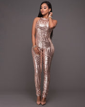 Load image into Gallery viewer, sexy Gold sequin jumpsuit mesh Romper Summer Women Glitter Halter Open Back Party bodycon jumpsuit body ladies Overalls Clubwear