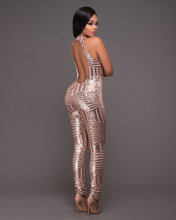Load image into Gallery viewer, sexy Gold sequin jumpsuit mesh Romper Summer Women Glitter Halter Open Back Party bodycon jumpsuit body ladies Overalls Clubwear