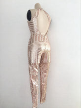 Load image into Gallery viewer, sexy Gold sequin jumpsuit mesh Romper Summer Women Glitter Halter Open Back Party bodycon jumpsuit body ladies Overalls Clubwear