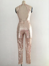 Load image into Gallery viewer, sexy Gold sequin jumpsuit mesh Romper Summer Women Glitter Halter Open Back Party bodycon jumpsuit body ladies Overalls Clubwear