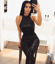 Load image into Gallery viewer, sexy Gold sequin jumpsuit mesh Romper Summer Women Glitter Halter Open Back Party bodycon jumpsuit body ladies Overalls Clubwear