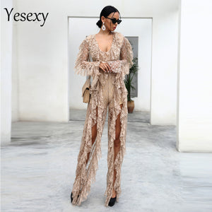 2020 Deep V Neck Ruffles Long Sleeve Elegant See Through Romper