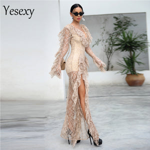 2020 Deep V Neck Ruffles Long Sleeve Elegant See Through Romper