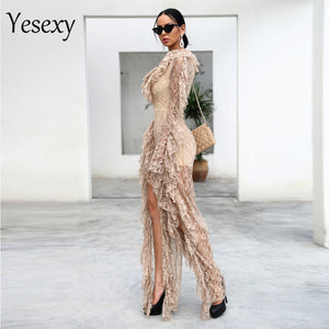 2020 Deep V Neck Ruffles Long Sleeve Elegant See Through Romper