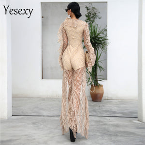 2020 Deep V Neck Ruffles Long Sleeve Elegant See Through Romper