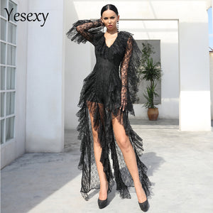 2020 Deep V Neck Ruffles Long Sleeve Elegant See Through Romper