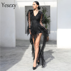 2020 Deep V Neck Ruffles Long Sleeve Elegant See Through Romper